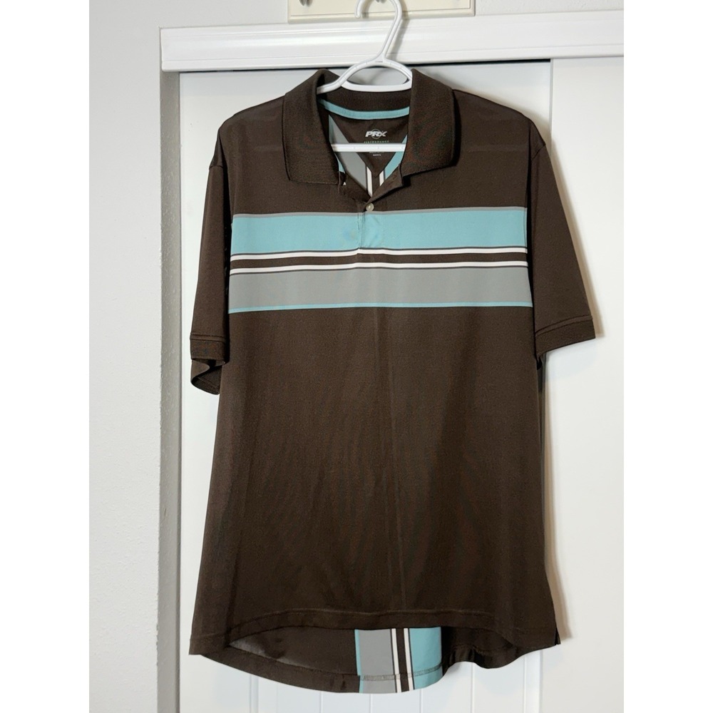 PRX Men's Performance Polo Golf Shirt Aqua Brown Gray Striped Sz L EUC